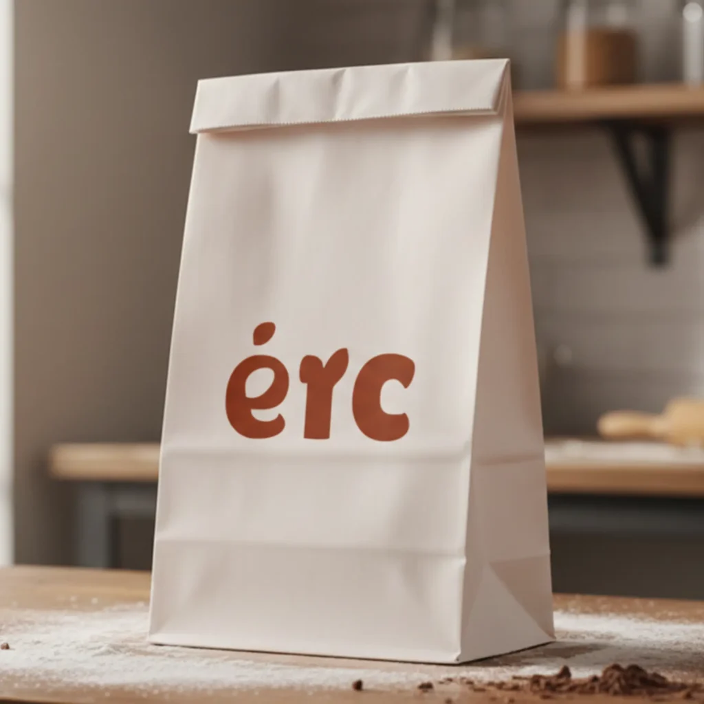 Branded paper bag packaging for a Texas artisanal bakery featuring refined visual identity and natural textures.
