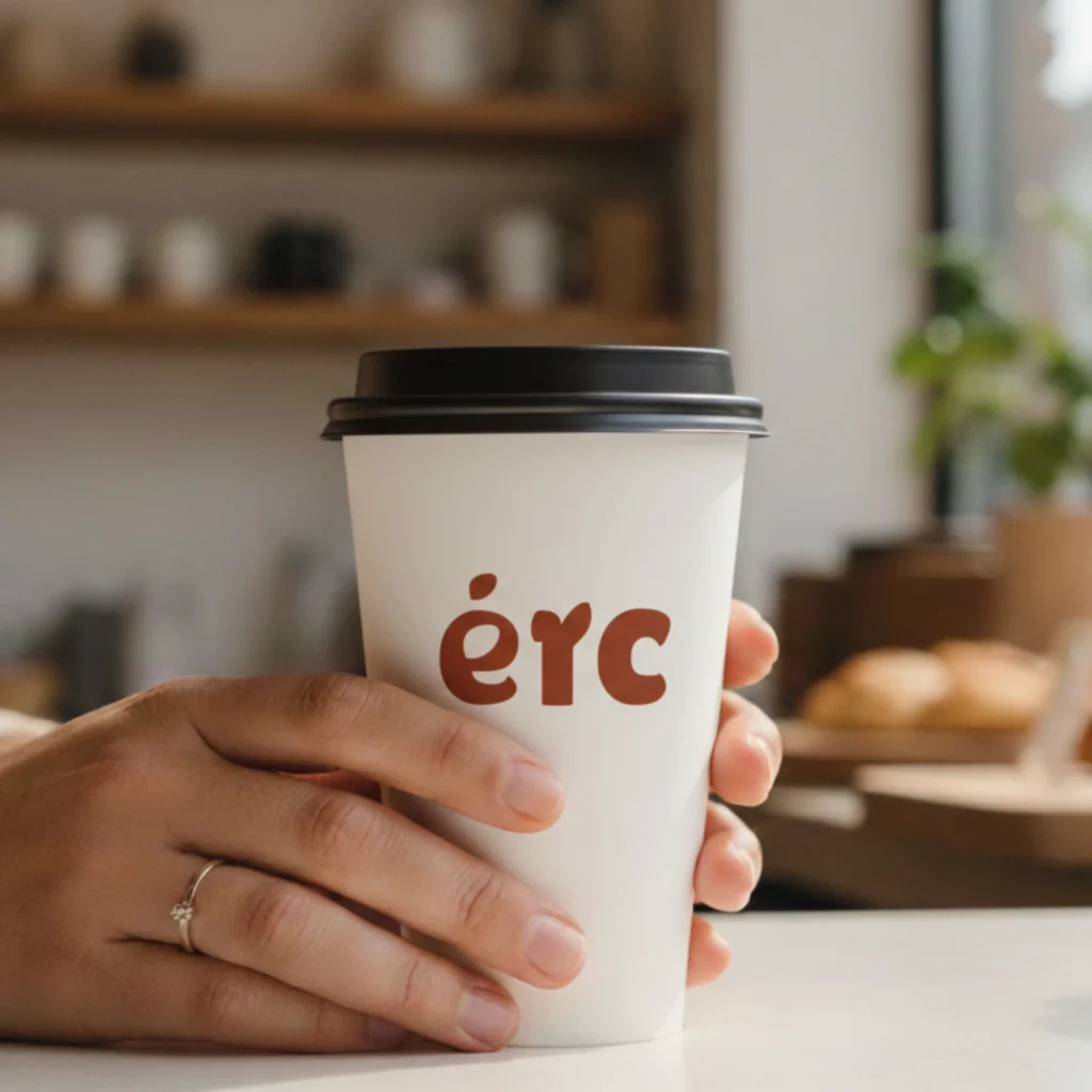 Artisanal handmade bakery branding shown on coffee cup held by woman
