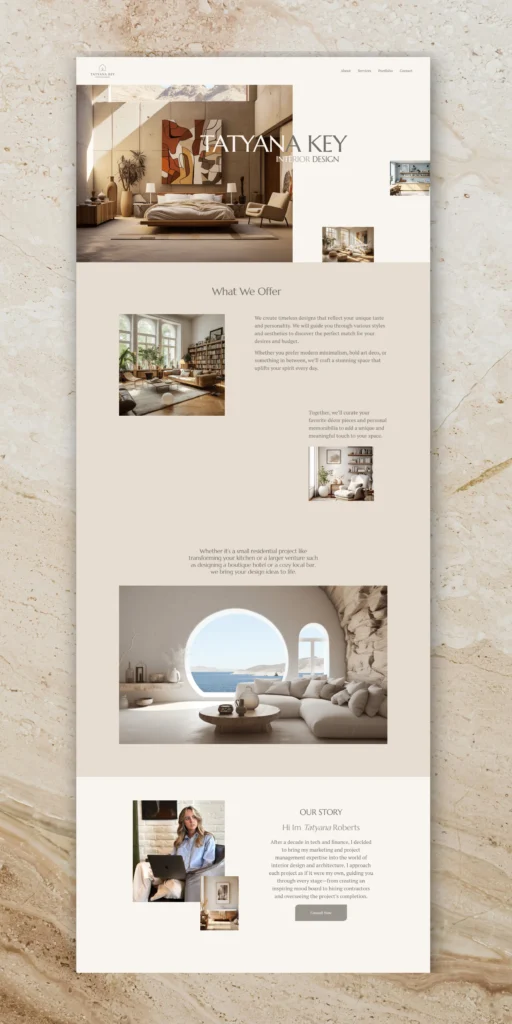 Website screenshot showcasing residential projects and clean editorial layouts of California interior designer.
