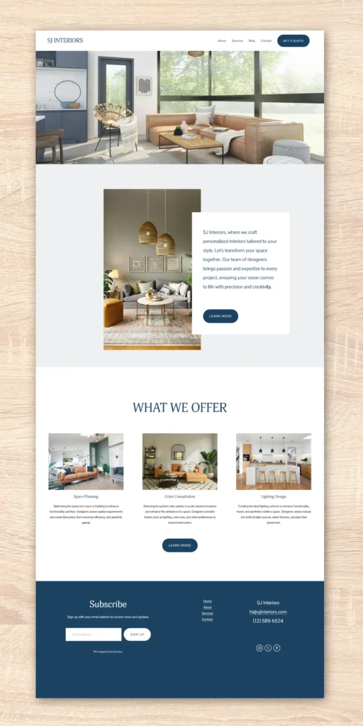 Screenshot mockup of interior designer website home page for a Virginia interior design studio.
