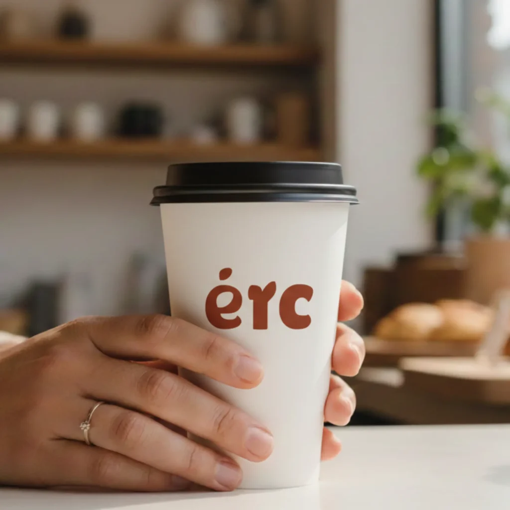 Branded coffee cup mockup reflecting Texas handmade bakery branding and everyday visual identity use.

