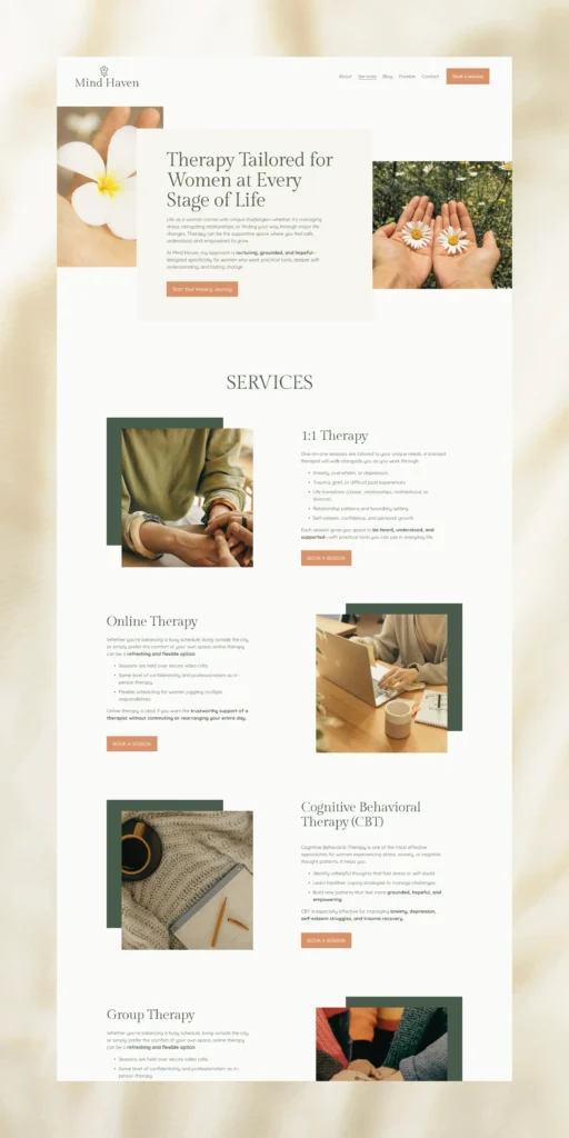 Counseling services page for an Illinois therapist offering support for stress, life transitions, and mental wellness.
