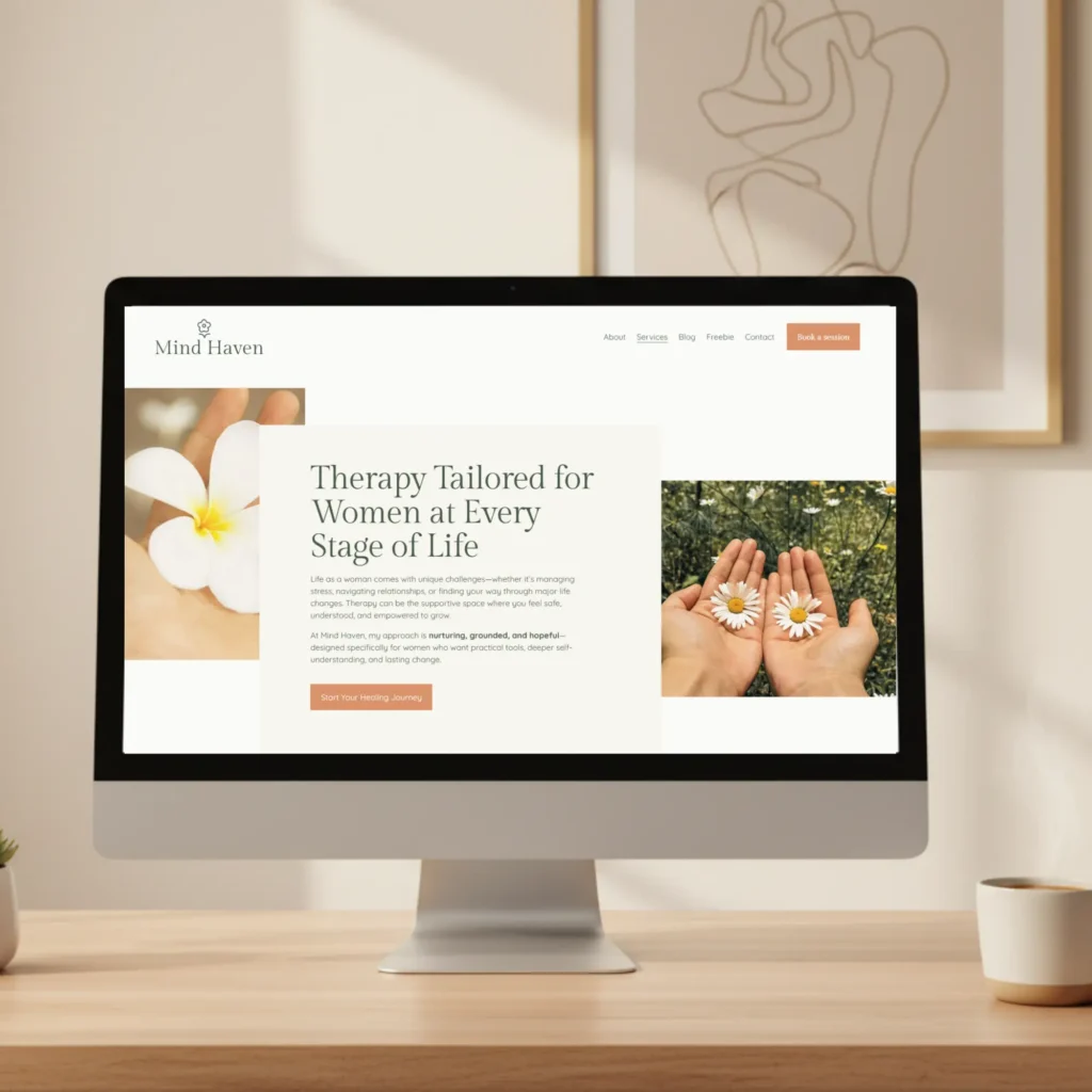 Desktop mockup of Illinois therapist website highlighting therapy services and supportive wellness-focused layout.

