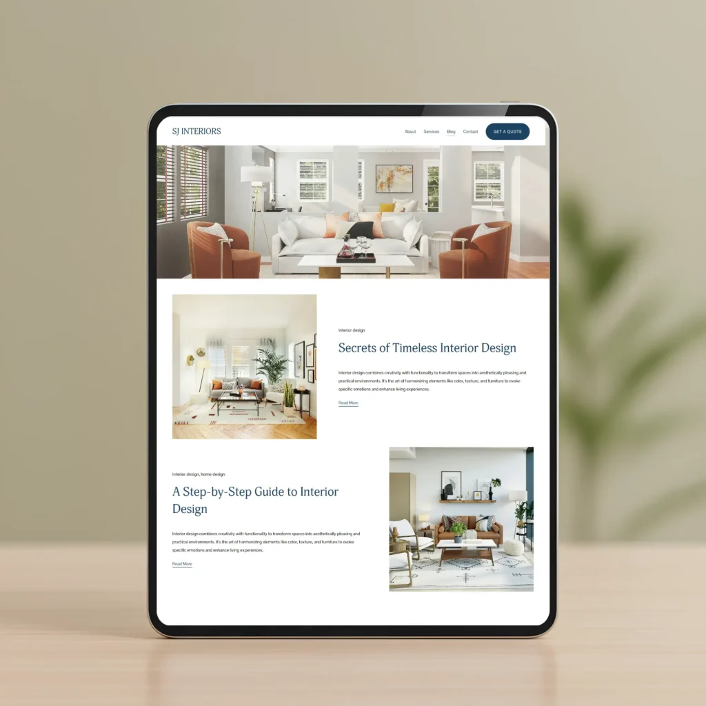 Tablet mockup displaying featured interior design blog-style layout for a professional interior designer website.
