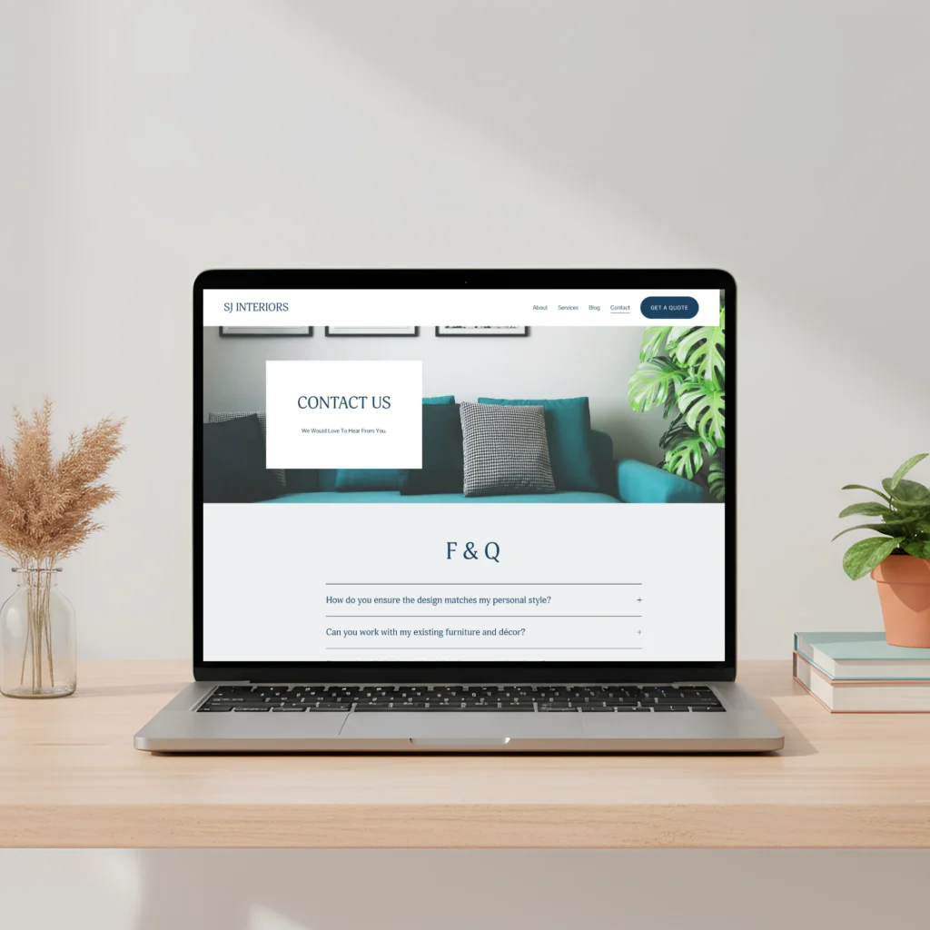 
Interior designer service website displayed on laptop, featuring calming visuals, structured layout, and premium design