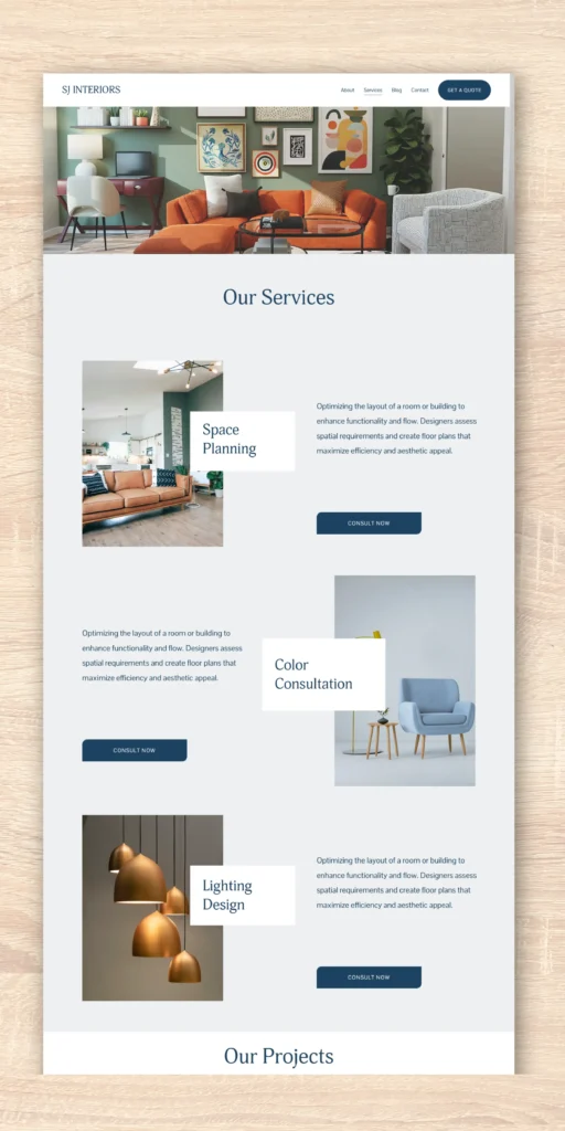 website screenshot mockup showcasing services and projects of a Florida interior design firm with elegant, modern layout.
