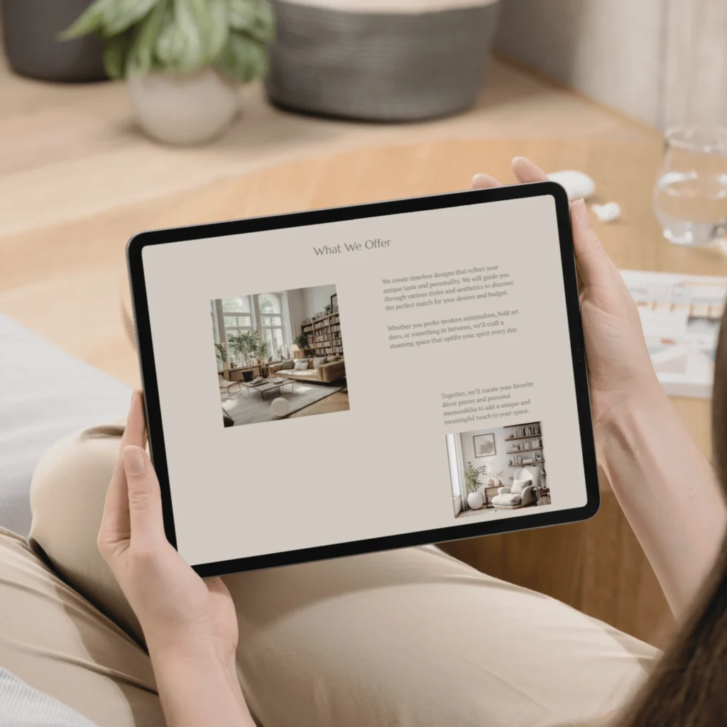 Interior designer website displayed on tablet, showcasing elegant layouts, neutral tones, and refined residential design