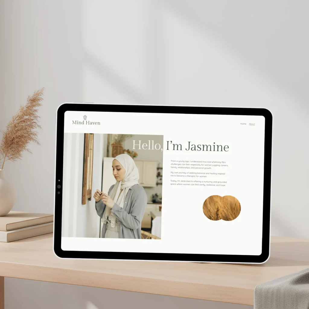 Tablet mockup showing mental health counselor website for Illinois wellness practice with soft, reassuring design.
