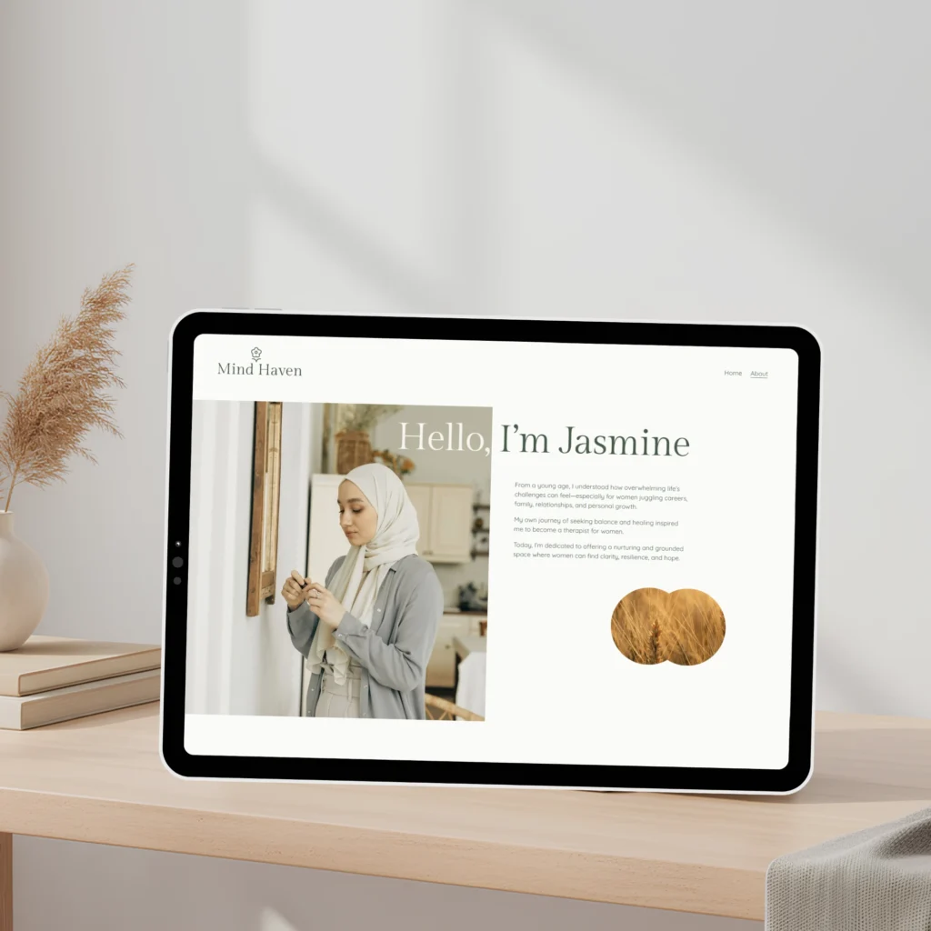 Website design for mental health counsellor showcasing calming visual identity