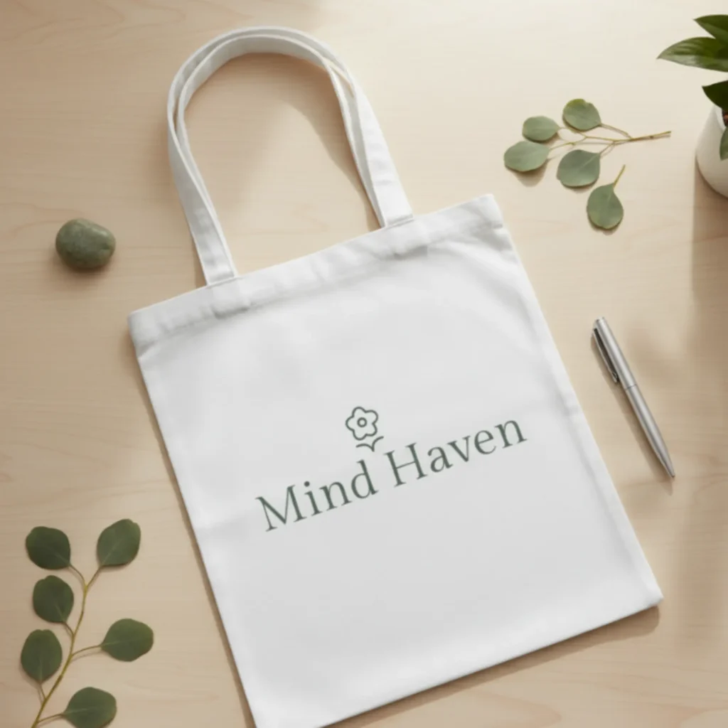Tote bag mockup for mental health counselor brand featuring soft, calming wellness-focused design identity.
