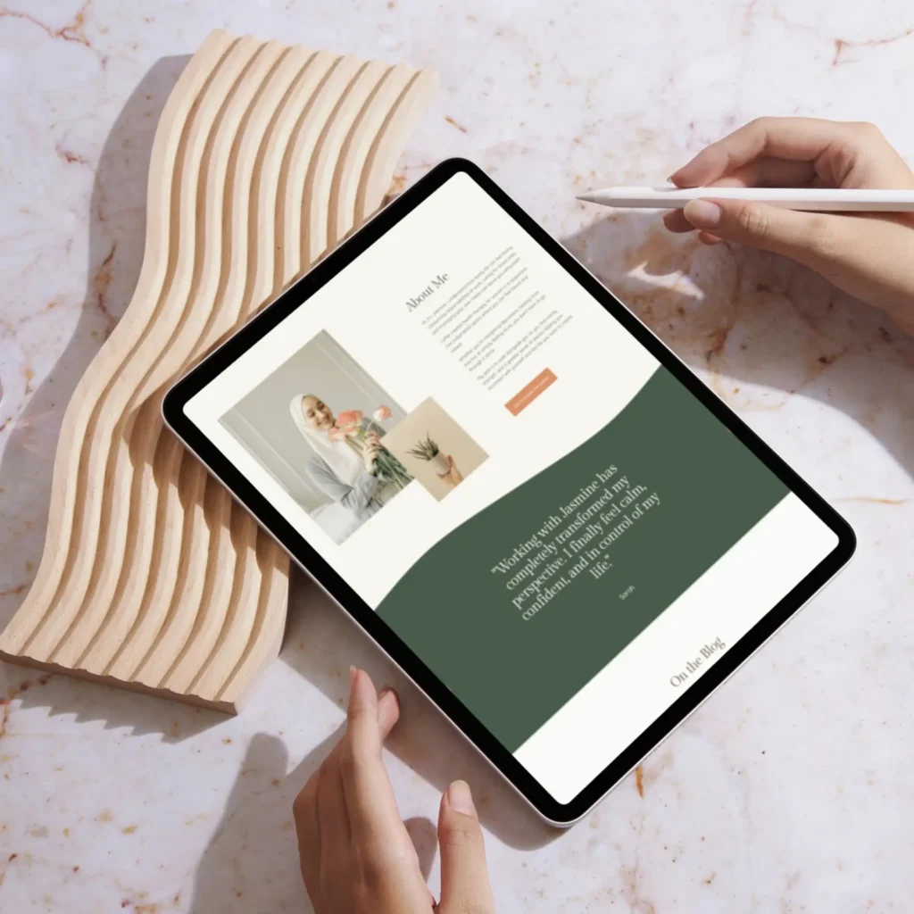 Tablet mockup featuring about page of licensed therapist in Illinois with warm, approachable wellness branding.
