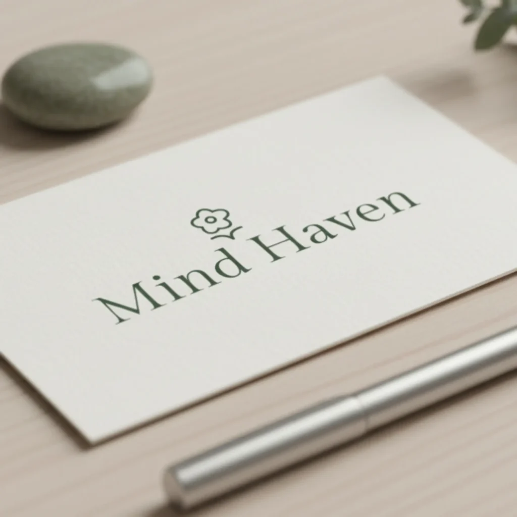 Minimal business card design for mental health therapist brand focused on calm, trust, and wellness identity.

