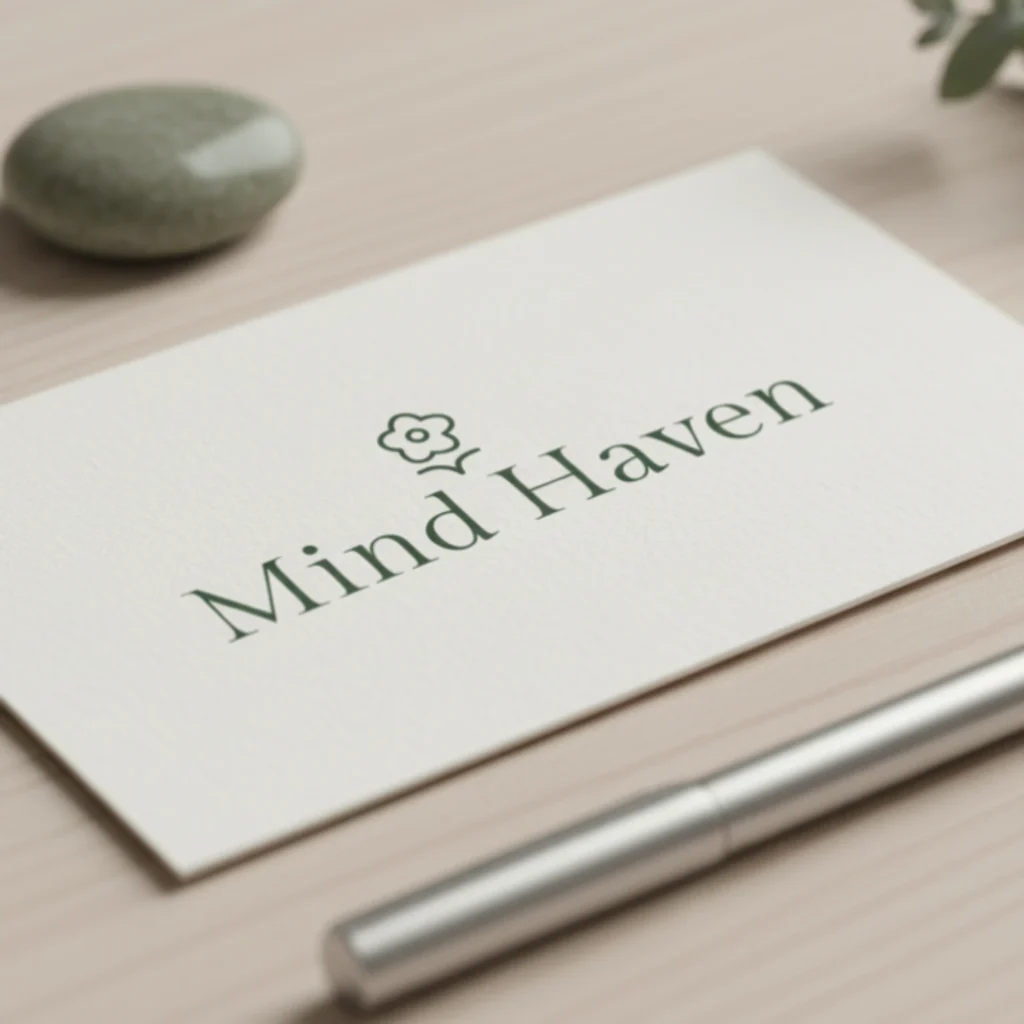 Mental wellness brand identity displayed on minimal business card, representing calm, and trust