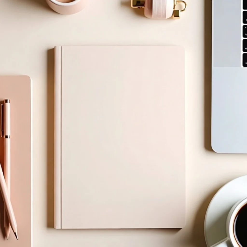 Minimal brand stationery flat lay with notebook and laptop, styled in soft neutral tones for creative businesses