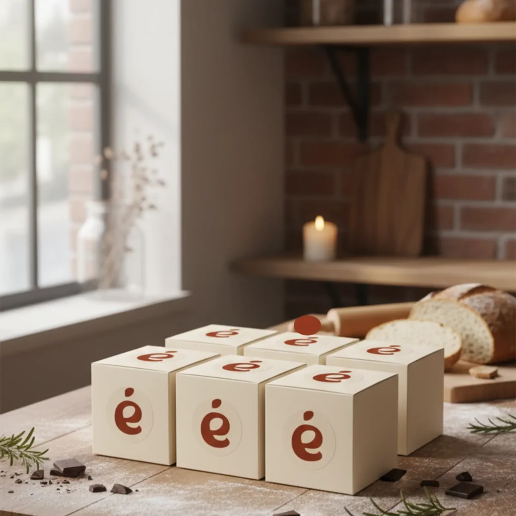 Small cookie packaging boxes on bakery counter showcasing Texas artisanal bakery brand identity and warm branding.