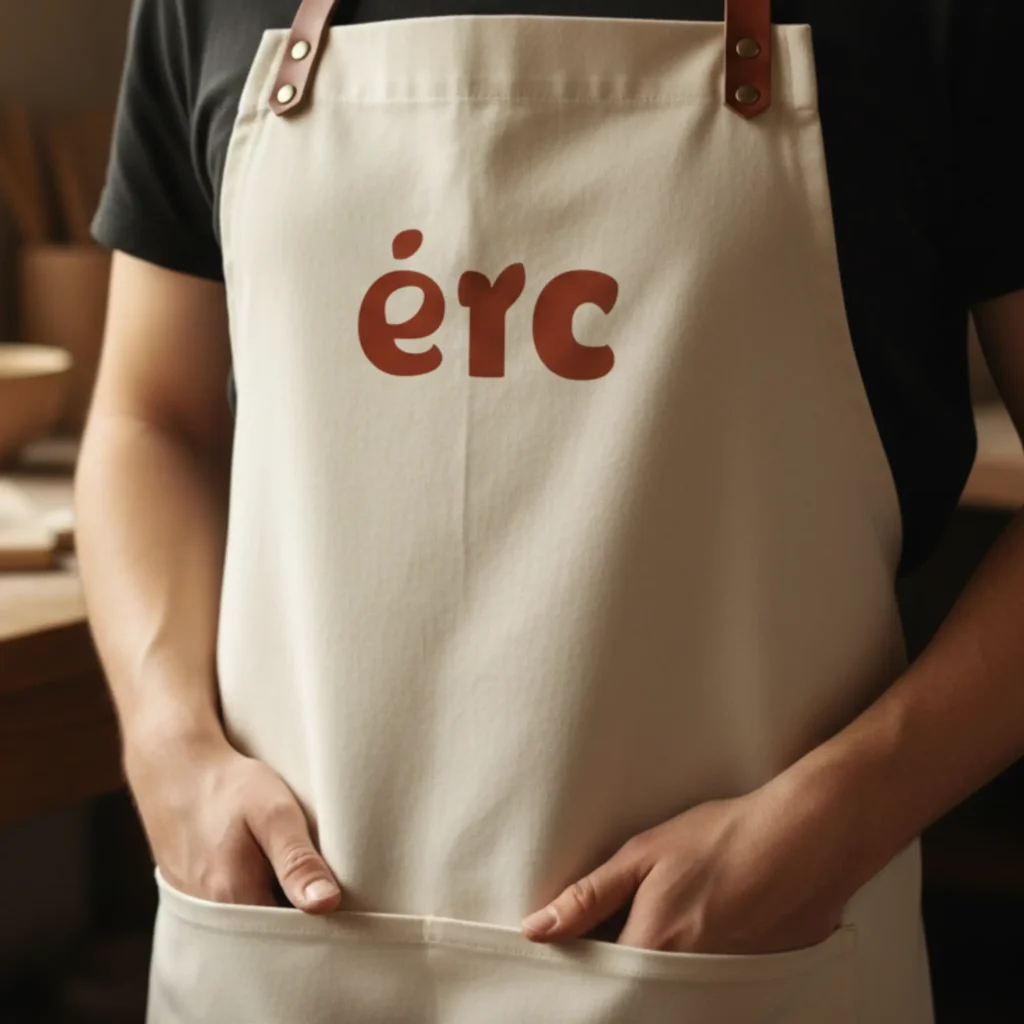 Branded apron uniform expressing Texas artisanal bakery brand identity and staff-facing visual branding.
