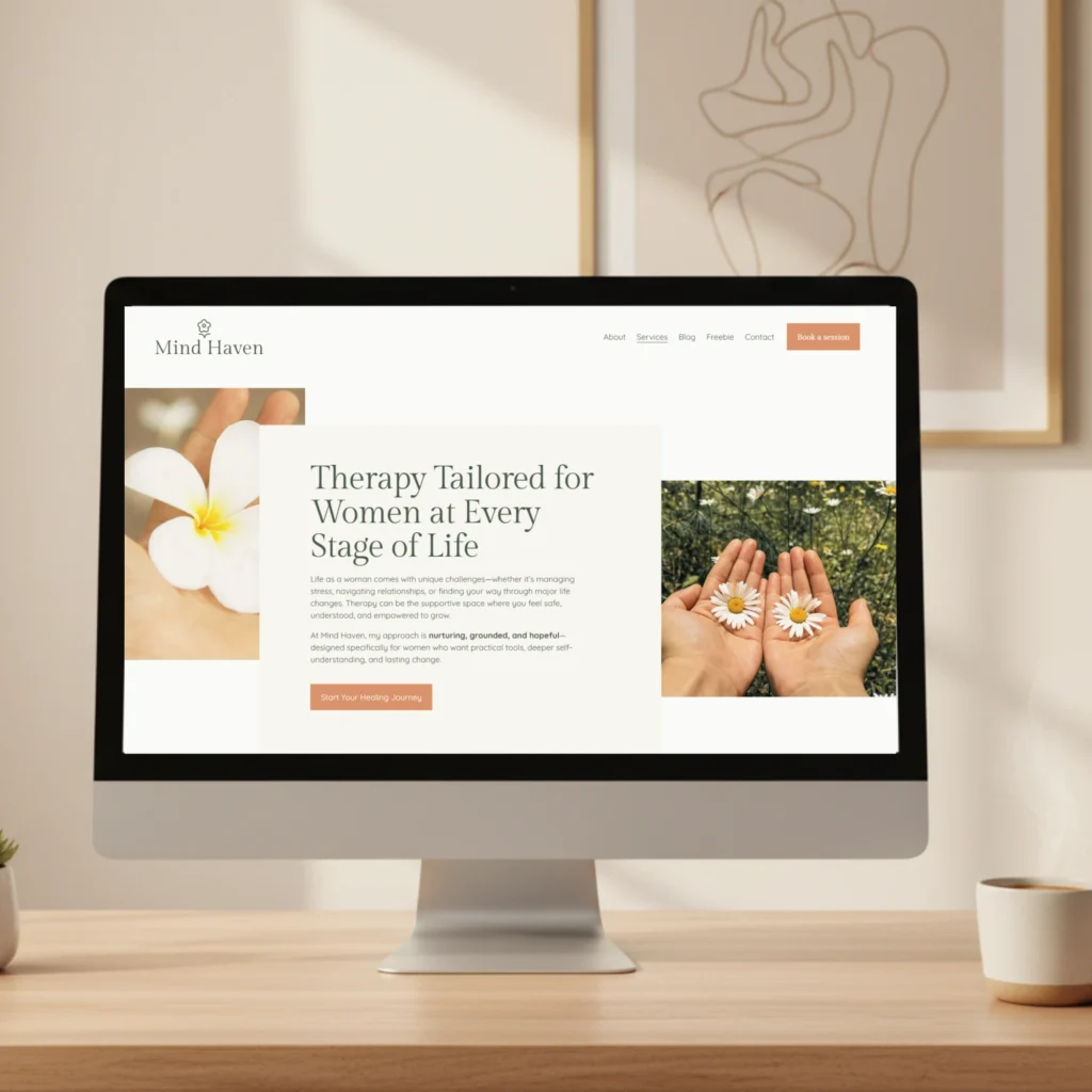 Therapy and wellness website displayed on desktop screen, designed to feel calm, trustworthy, and client-focused

