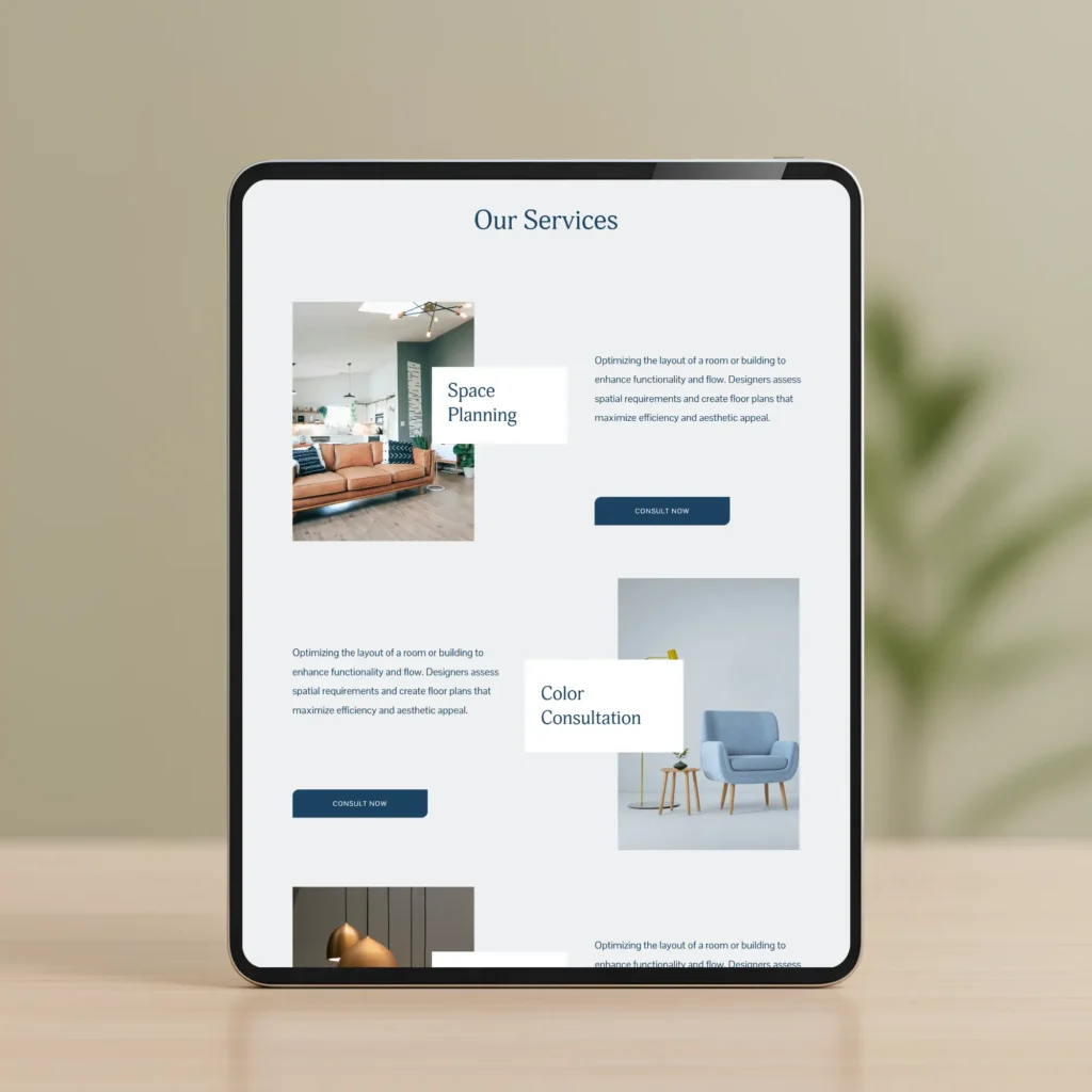 Tablet mockup featuring interior design services page for a Virginia interior design firm with modern, minimal layout.
