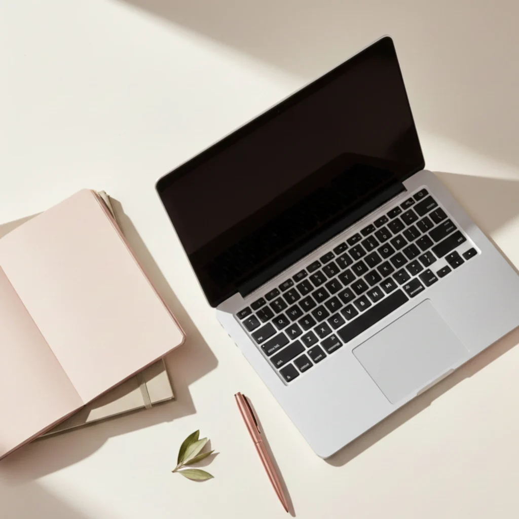 Laptop and notebook on a neutral desk representing a modern workspace for a web designer serving service-based businesses