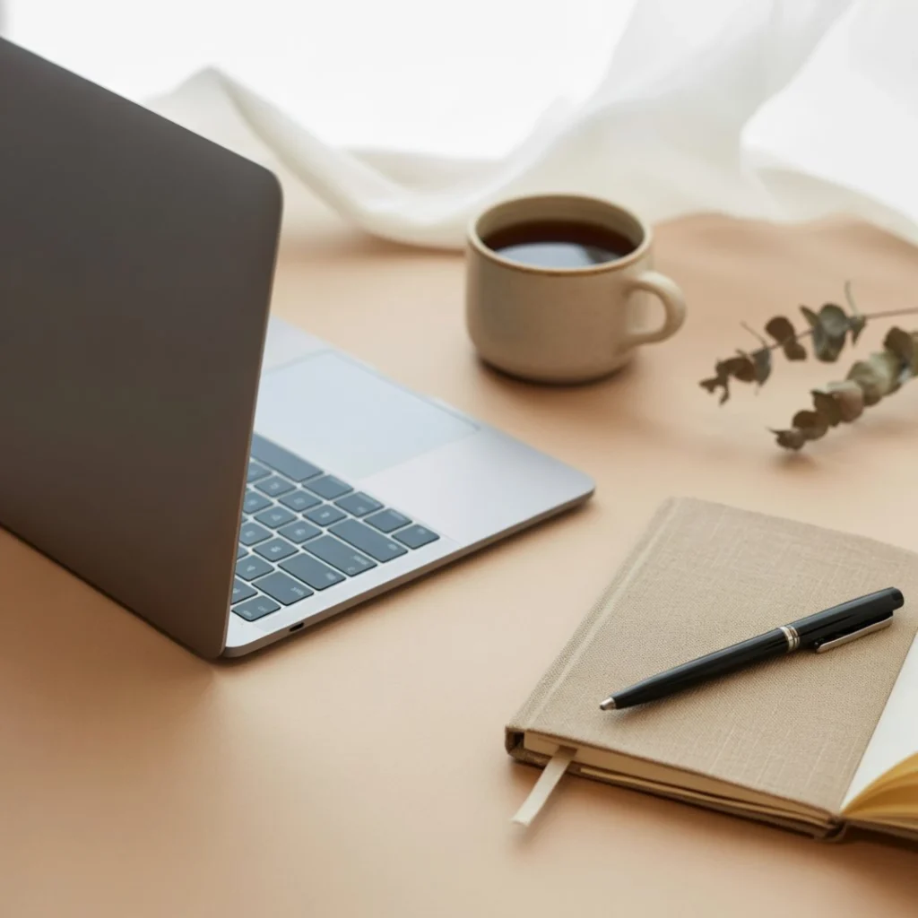 Minimal desk with notebook and plant in a calm, modern branding workspace
